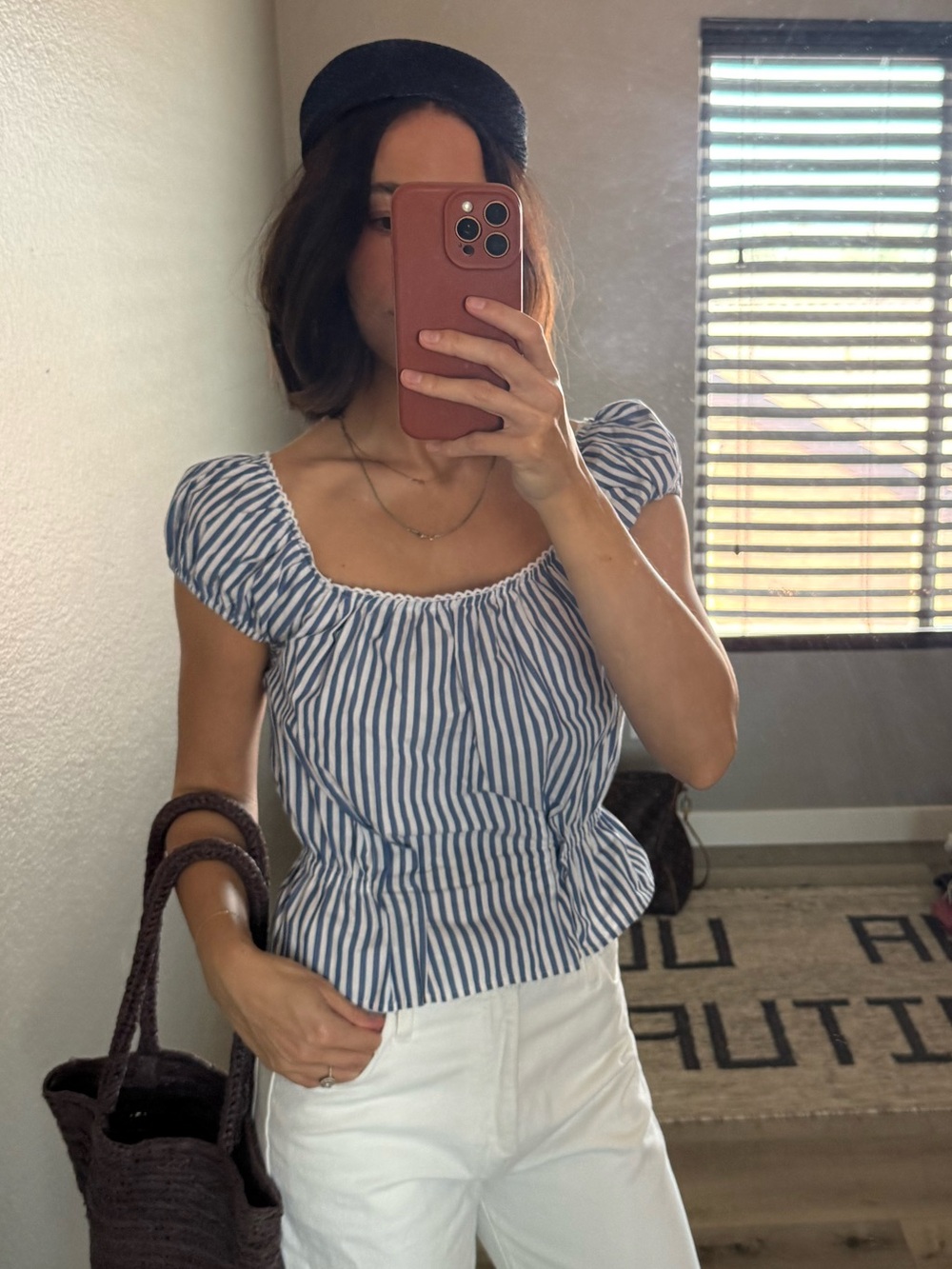 Striped Blue & White Square Neck Top